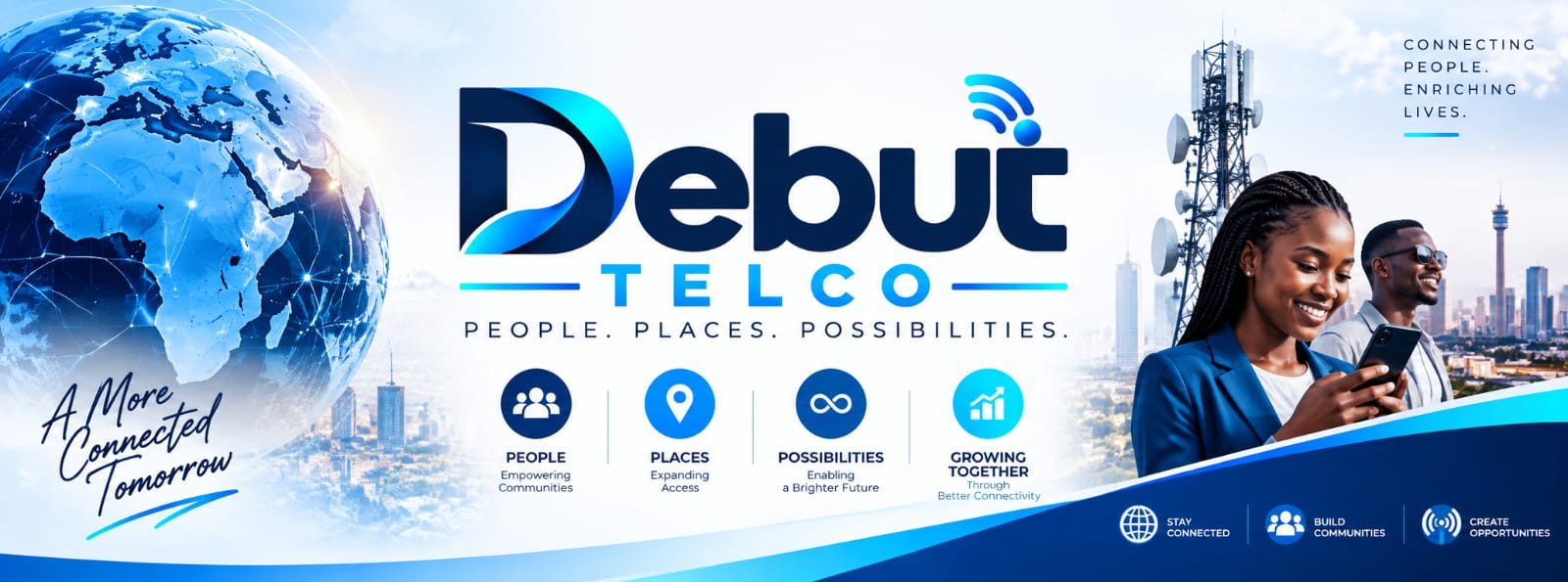 Debut Telco brand artwork showing connected communities, places and possibilities